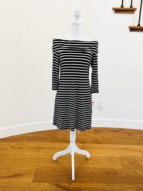 White House Black Market Off-Shoulder Black and White Striped Dress - Size M